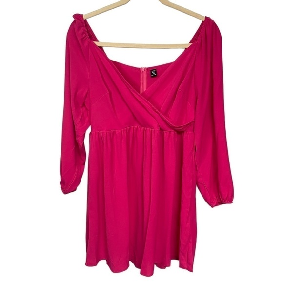 Shein Curve Hot Pink Solid Wrap Puff Sleeve Mini Dress, 1X - Picture 8 of 8